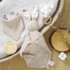 LUCOI Organic Cotton Baby Gift Set - 4-Piece Muslin Bunny Lovey Security Blanket, Teether Ring, Bandana Bib & Wooden Announcement Card - Gender Neutral Newborn Gifts, Welcome Baby Box, Baby Loveys