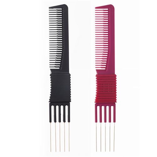 ZEYIYER 2PCS Hair Comb with Metal Prong, Hair Pick Carbon Lift Teasing Combs Teasing Lifting Fluffing Combs for Women Men Most Hair Styling(Black, Purple)