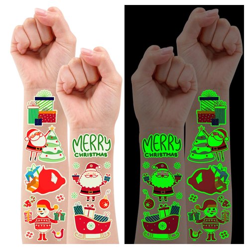 Partywind 30 Sheets Glow Christmas Tattoos for Kids Stocking Stuffers, 290 Styles Surprise Christmas Party Supplies Favors, Santa Snowflakes Snowman Tattoo Stickers for Kids Goodie Bag Fillers