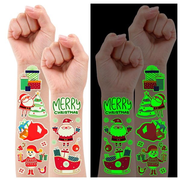Partywind 30 Sheets Glow Christmas Tattoos for Kids Stocking Stuffers, 290 Styles Surprise Christmas Party Supplies Favors, Santa Snowflakes Snowman Tattoo Stickers for Kids Goodie Bag Fillers