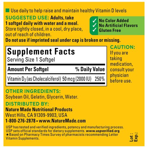 Nature Made Vitamin D3, 90 Softgels, Vitamin D 2000 IU (50 mcg) Helps Support Immune Health, Strong Bones and Teeth, & Muscle Function, 250% of The Daily Value for Vitamin D in One Daily Softgel
