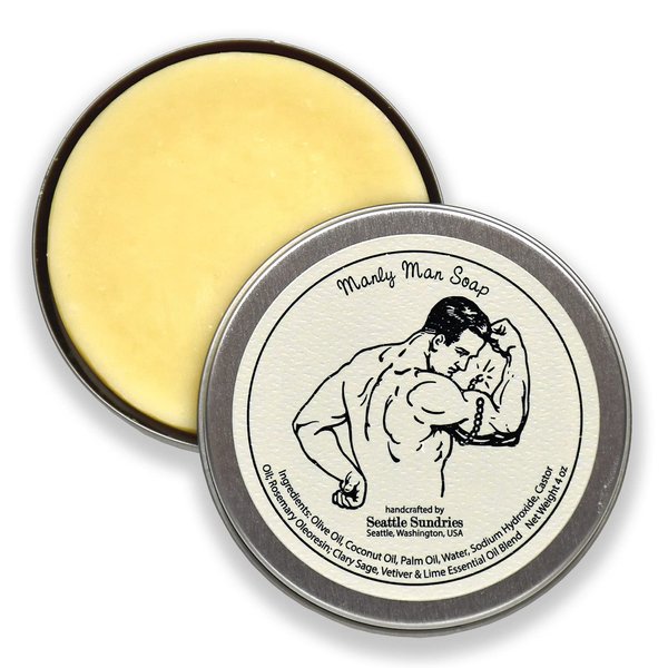 Seattle Sundries Manly Man Soap Bar, Gift for Dad - 1 (4oz) Handmade Natural Mens Bar Soap, Classic Masculine Scent Stocking Stuffer in a Retro Gift Tin