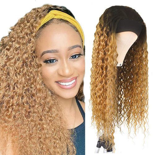 1B27 Honey Blonde Headband Wig Human Hair Ombre Deep Wave Wig Blonde Ombre Headband Wigs Tow Tone Human Hair Wigs Unprocessed Virgin Hair Headband Wig for Women 14 Inch