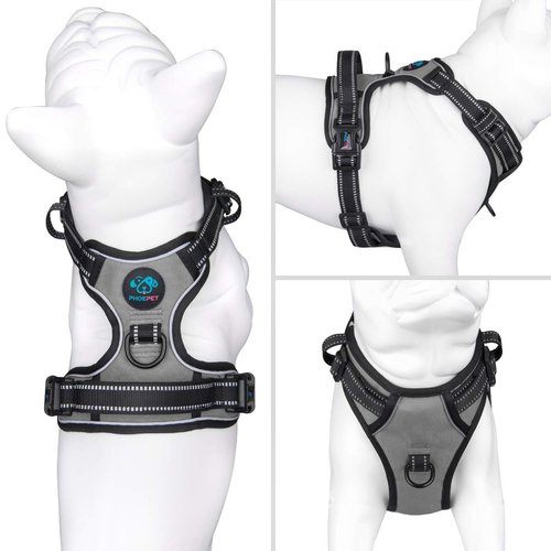 PHOEPET No Pull Dog Harness Medium Reflective Front Clip Vest with Handle, Adjustable 2 Metal Rings 2 Buckles(M, Grey)