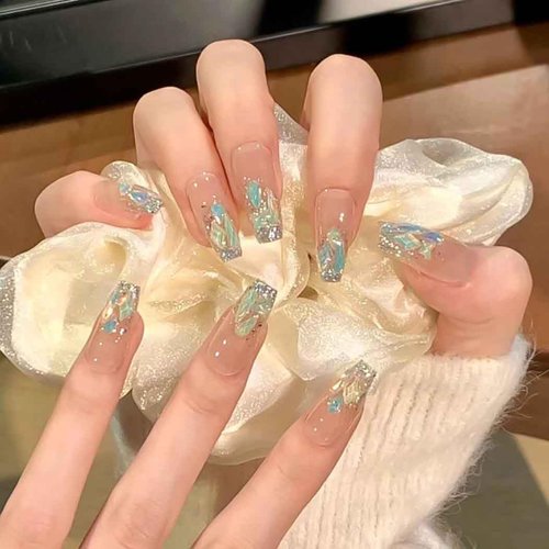 RikView Coffin Press on Nails Long Fake Nails with 3D Rhinestones Green Nails Glossy Nails for Women 24 PCS