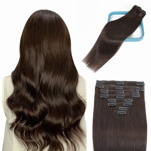 LORIEN Clip in Hair Extensions Real Human Hair, 24 Inch 120g, 2 Darkest Brown, Clip in 100% Brazilian Remy Human Hair Extensions 8pcs Per Set with 18 Clips Double Weft