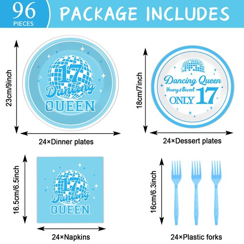 96Pcs Dancing Queen 17th Birthday Party Supplies Young and Sweet Only 17 Birthday Paper Plates Napkins Disposable Dancing Queen Disco Dinnerware for Party Bachelorette Decoration Serve 24