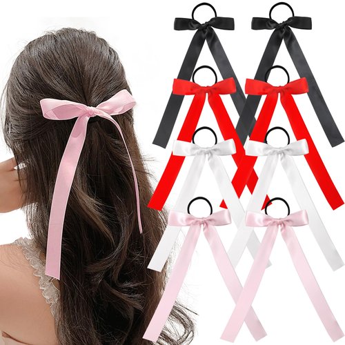 8Pcs Bow Hair Ties for Women Girls, Silky Satin Hair Ribbon Elastics Hair Scrunchies Long Ponytail Holder Hair Bow Bands Rope Accessories (Black,White,Pink,Red)