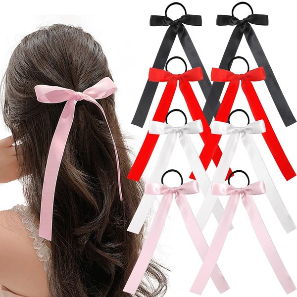 8Pcs Bow Hair Ties for Women Girls, Silky Satin Hair Ribbon Elastics Hair Scrunchies Long Ponytail Holder Hair Bow Bands Rope Accessories (Black,White,Pink,Red)