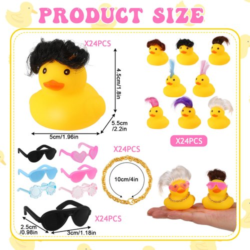 Guiqulai 24 Set Mini Rubber Ducks with Wig Necklace and Sunglasses, Rubber Squeaky Ducks Bath Toys Small Rubber Duckies Bulk Cute and Funny Bathtub Toys for Birthday Shower Party Favor