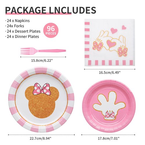 96 Pcs Pink Minnie Tableware Set for Girl Pink Animals Theme Party Supplies with Gold Foil Pink Minnie Decorations for Girl with Paper Plates, Napkins, Forks Serves 24 Guests