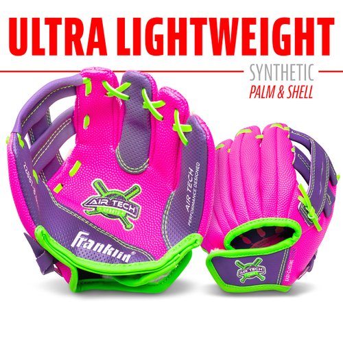 Franklin Sports Baseball Glove - AirTech Boys + Girls Youth Teeball Glove - Kid + Toddler Teeball + Baseball Mitt - Right Hand Throw - 8.5", Pink/Purple
