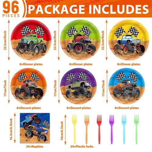 96Pcs Monster Truck Birthday Party Plates and Napkins Forks for Truck Birthday Party Decorations Truck Themed Paper Plates Tableware for Kids Boys Serves 24 Racing Car Birthday Party Supplies Favors