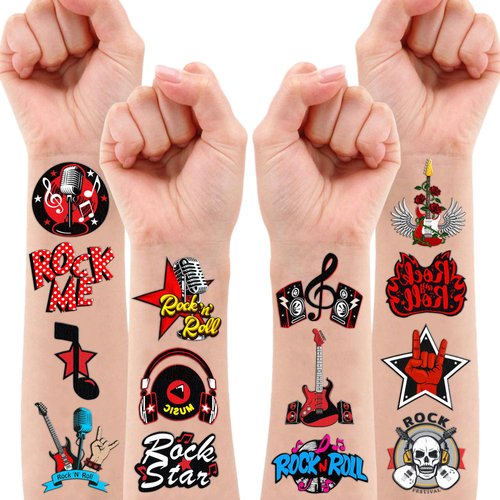 Born To Rock N Roll Rocks Temporary Tattoos Themed Music Band Birthday Party Decorations Favors Supplies Decor 90PCS Rockstar Guitar Tattoo Stickers Gifts For Kids Boys Girls School Prizes Carnival