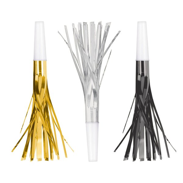 Stunning Black, Silver & Gold Foil New Year's Squawkers - 7" (Pack of 8) -Festive Noisemakers, Perfect for Unforgettable Celebrations, Parties, and New Year's Eve