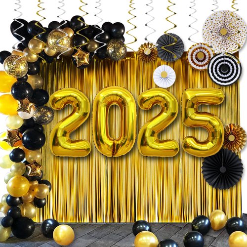 New Years Eve Party Supplies 2025:40in 2025 Balloons,89Pcs Black and Gold Graduation Party Decora...