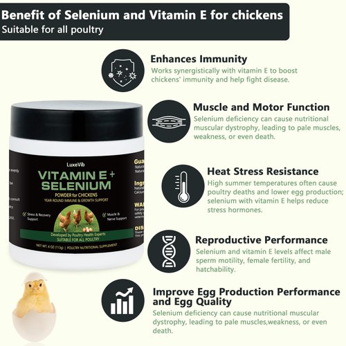 LuxeVib Selenium & Vitamin E Powder for Chickens, Selenium for Chickens, Immune System, Muscle Support & Prevents, Improve Wry Neck, Selenium, Vitamin E Supplements, Suitable for All Poultry