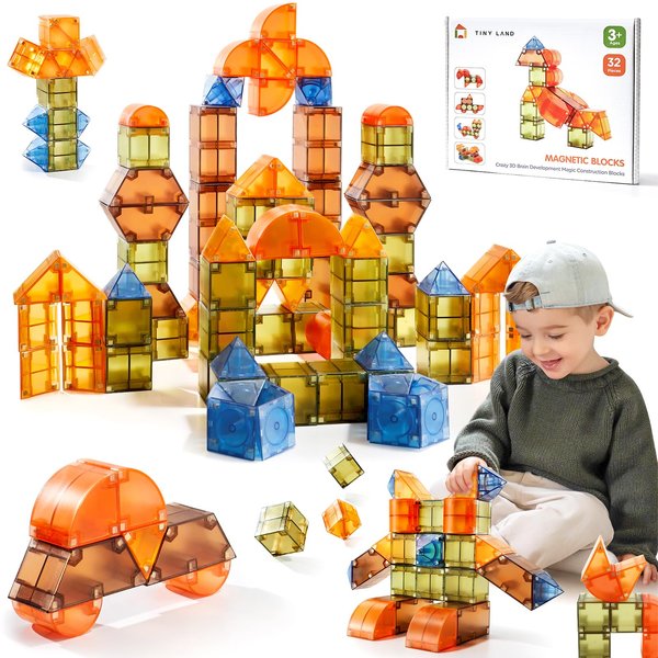 Tiny Land Magnetic Tiles Blocks 32 PCS, Magnetic Building Blocks for Kids, Strong Magnets Educational Magnetic Tiles for Kids​