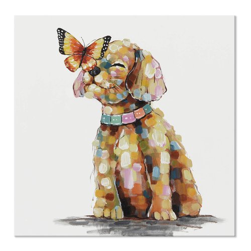 SEVEN WALL ARTS Dog Canvas Wall Art Colorful Animal Picture Pet Puppy Butterfly Alighted on Dog Paintings Modern Framed Artwork for Bedroom Nursery Kids Room Office Home Decor 24"x24"