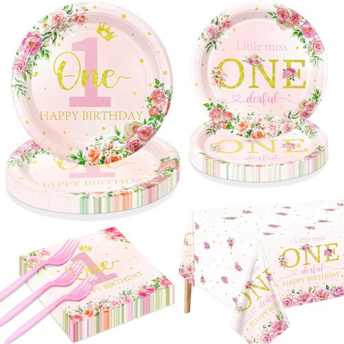 Floral 1st Birthday Party Supplies for 20 Guests, Disposable Tableware Set Include Miss Onederful Plates, Napkins, Forks, Happy 1st Birthday Tablecloth for Girls Baby First Birthday Party Decorations