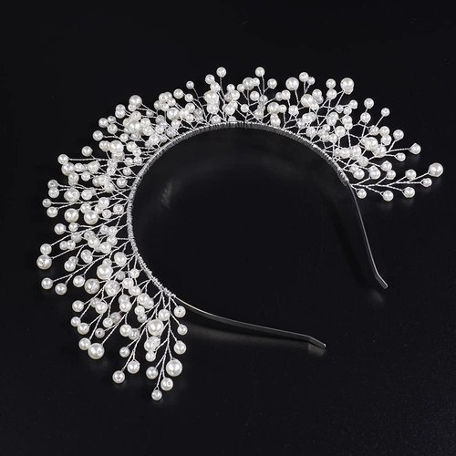 JWICOS Vintage Wedding Pearl Beads Tiara Hair Crown Handmade Bride Headband Bridal Pearl Head Pieces for Wedding Prom Birthday (Silver)