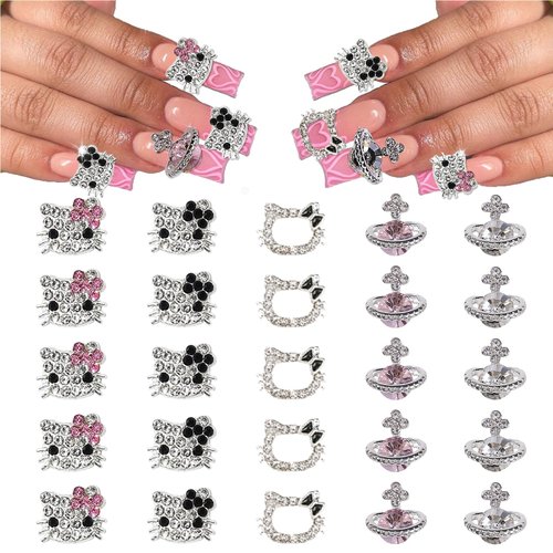 25PCS Hello kitty Nail Charms with Diamond Design, Kawaii Silver Bling Nail Charms with Hello Kitty and Planet Nail Charms, 3D Cute Metal Rhinestone Crystals Making for DIY Nail Art Decorations Supplies