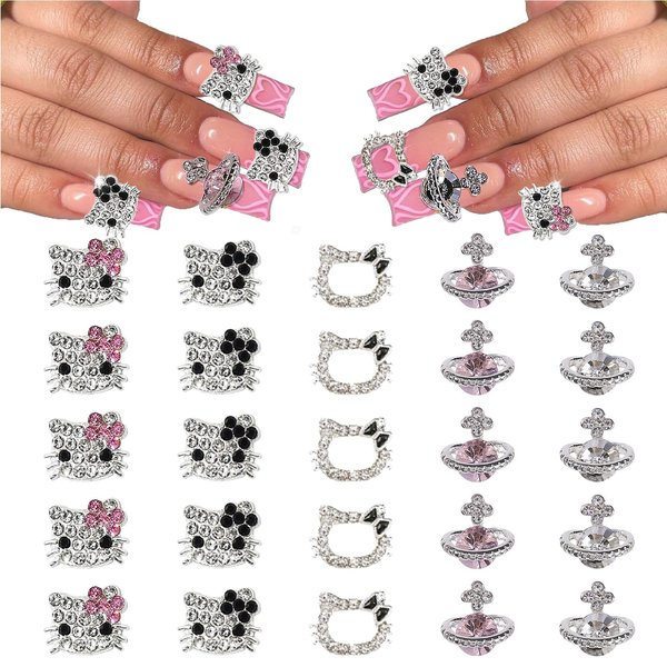 25PCS Hello kitty Nail Charms with Diamond Design, Kawaii Silver Bling Nail Charms with Hello Kitty and Planet Nail Charms, 3D Cute Metal Rhinestone Crystals Making for DIY Nail Art Decorations Supplies