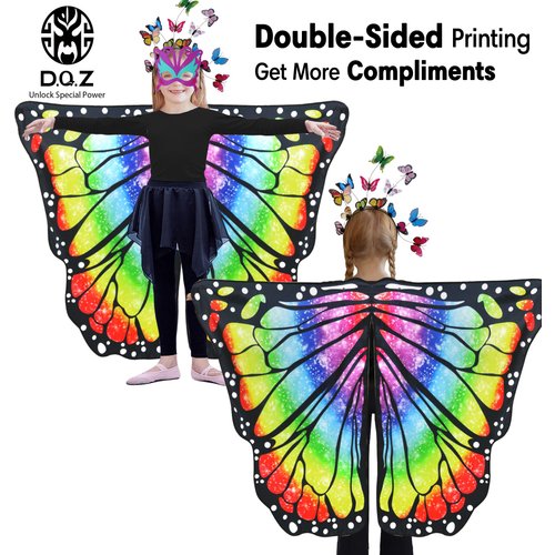 D.Q.Z Double-Sided Fairy Butterfly-Wings Costume for Girls Kids Dress-Up Halloween Costumes Mask Headband as Gifts (Rainbow)