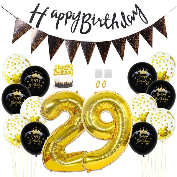 Daimay 29th Birthday Party Decorations Gold Black Happy Birthday Latex Confetti Balloons Triangle Flag Banner Number 29 Foil Balloon Cake Topper for Men Women Anniversary Birthday Party Supplies