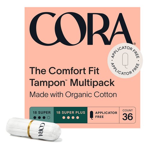 Cora 100% Organic Cotton Non-Applicator Tampons | Ultra-Absorbent, Unscented, Natural, Non-Toxic, Applicator Free | Eco-Conscious S/S+ (36 S/S+ Tampons)