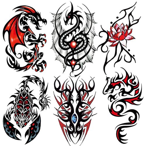 Oottati 6 Sheets Waterproof Arm Temporary Tattoo Stickers Black Red Jewels Evil Dragon Scorpion Flower Tribal Totem Lotus
