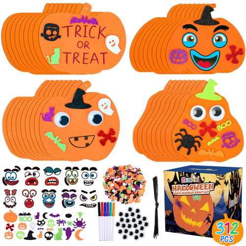 Max Fun 312PCS Halloween Pumpkin Foam Stickers, Halloween Craft Kit for Kids Bulk Glitter Set DIY Self-Adhesive Halloween Decoration