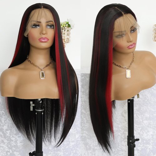 MACA BAKA Highlight Red Long Straight Synthetic Lace Front Wig Glueless Colored Skunk Stripe Red Mixed Black 13x4 Lace Front Wigs for Women Pre Plucked with Baby Hair 24 Inches 150 Density
