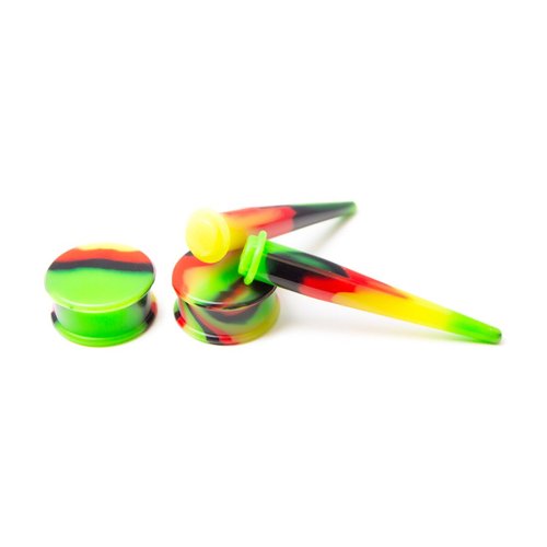 BodyJewelryOnline Ear Plug/Taper Kit [4 Pieces: 2 Plugs/2 Tapers], 10mm - 00 Gauge, Rasta Flag Colors, 100% Solid Silicone Material, Hypoallergenic, Long-Lasting Color, Smooth Surface, Comfortable