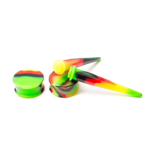 BodyJewelryOnline Ear Plug/Taper Kit [4 Pieces: 2 Plugs/2 Tapers], 10mm - 00 Gauge, Rasta Flag Colors, 100% Solid Silicone Material, Hypoallergenic, Long-Lasting Color, Smooth Surface, Comfortable