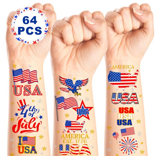 64PCS Veterans Day Temporary Tattoos, Patriotic Party Face Body Decor, American Flag Fourth of July Long Lasting Tattoo Stickers for 4th of July Parade and Gathering Accessories, Thank You Veterans