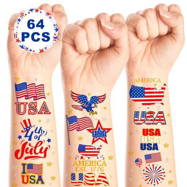64PCS Veterans Day Temporary Tattoos, Patriotic Party Face Body Decor, American Flag Fourth of July Long Lasting Tattoo Stickers for 4th of July Parade and Gathering Accessories, Thank You Veterans