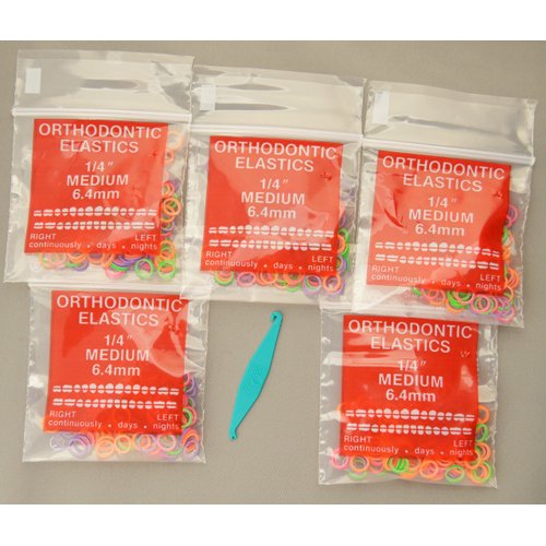 1/4" inch Orthodontic Elastic Rubber Bands, 500 Pack, Neon, Medium Force 3.5 oz, rubberbands for making bows, Dreadlocks, Dreads, Doll Hair, Braids, Top Knots + FREE elastic placer by AdentalZ