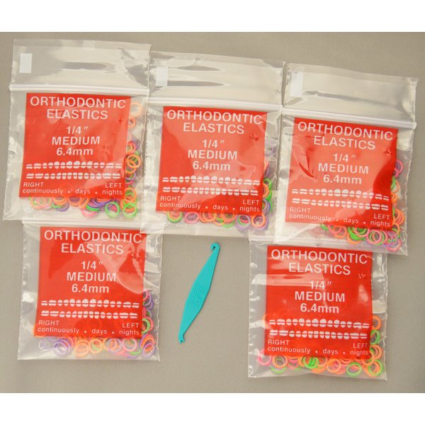 1/4" inch Orthodontic Elastic Rubber Bands, 500 Pack, Neon, Medium Force 3.5 oz, rubberbands for making bows, Dreadlocks, Dreads, Doll Hair, Braids, Top Knots + FREE elastic placer by AdentalZ