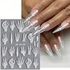 2Pcs Halloween Skull Nail Art Stickers 5D Embossed Nail Decals Skeleton Nail Stickers Horrible Hand Finger Bones Halloween Nail Design Adhesive White Skull Nail Supplies for Women Nail Decoration