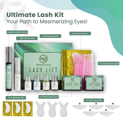 Hind Herbal Set of 32 Premium Lash Lift Kit, Curling Eye Lash Perm Lift Kit with Eye Lash Growth Serum, Perm Lotions, Eye Gel Patches, Glue, Mascara Brushes, Cotton Swabs and Size Lift Pads