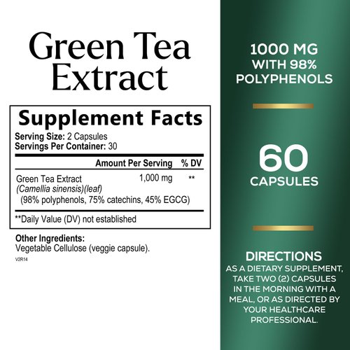 PureTea Green Tea Extract Pills 1000mg with EGCG - 98% Standardized Polyphenols - 3X Absorption Green Tea Capsules for Natural Energy - Heart Support with Antioxidants, Gentle Caffeine - 60 Capsules