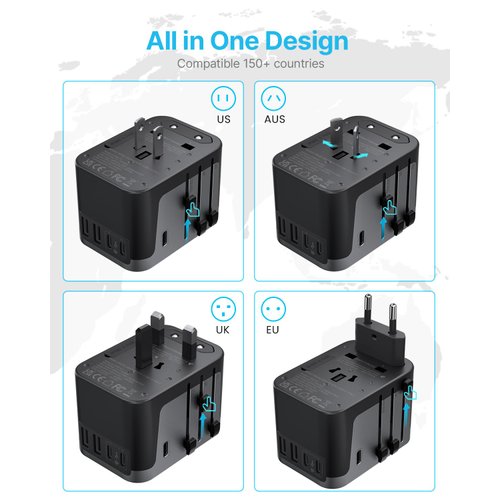Universal Travel Adapter, VINTAR International Power Adapter with 6A 3 USB C and 2 USB Ports, All in One Travel Essentials Plug Adapter, Worldwide Outlet Converter for Europe UK USA AUS(Type C/G/A/I)