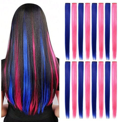 SARARHY 16 Pcs Blue and Pink Hair Extensions Colored Hair Extensions Clip in Straight Synthetic H...