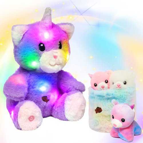 Hopearl LED Plush Cat with Removable Bucket Lighting Up Stuffed Mommy Cat with 3 Baby Kittens in The Basket Floppy Stuffed Animal Playset Night Lights Glow in The Dark Birthday Gifts for Kids, 12''