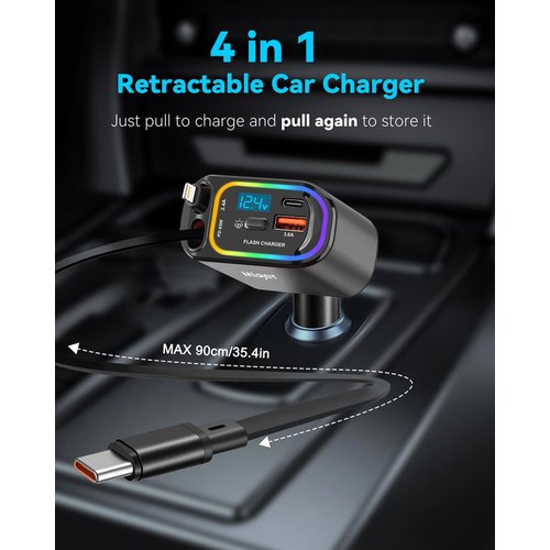 Miger 4 in 1 Retractable Car Charger,100W iPhone Car Charger Fast Charging with Cord 3FT,2 USB Ports Retractable Car Phone Charger USB C Car Charger Adapter for iPhone 16/15/14/13/12/11,Galaxy,Pixel