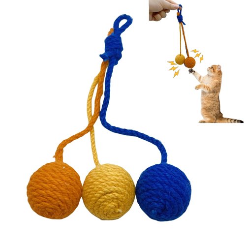 Cat Toys Ball,3Pcs Sisal Ball with Bell Inside,Funny Interactive Cat Toys for Indoor Cat,Safe Teeth Cleaning Cat Chew Toy,Hangable Kitten Toy