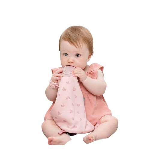 Cheeky Chompers Comfortchew | Baby Lovey with Silicone Teether & Sensory Tags | Soft Fleece Material, Attachable Loop, Machine Washable (Rainbow Rose)