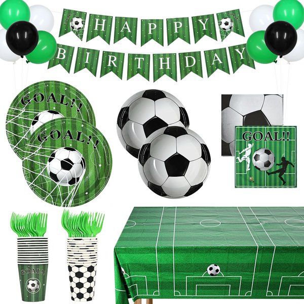 Yuroochii Soccer Party Decorations, 146 Pcs Soccer Birthday Party Decorations for Kid, Soccer Party Supplies Set Includes Tablecloth, Banner Balloon, Disposable Tableware for Sports Soccer Theme Party