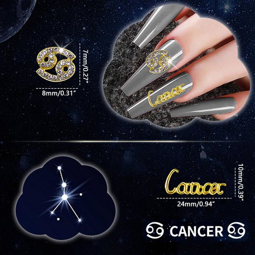 XEAOHESY 20 Pieces Gold Alloy Cancer Zodiac Nail Charms 10pcs Cancer Symbols Sign Charms for Nails 10pcs Cancer Words Nail Charms for Women Nail Art Decoration